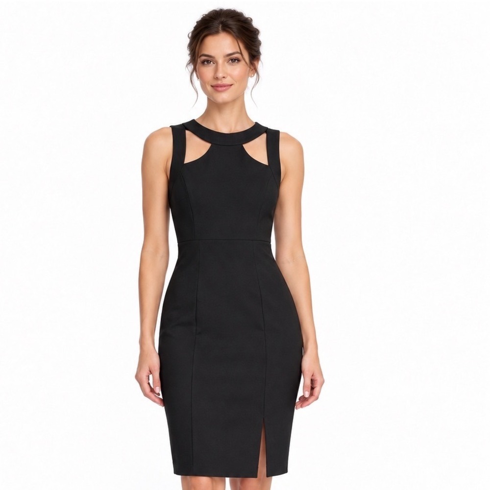 Cache Black Cutout Neckline Sheath Cocktail Dress Size 2 LBD Sleeveless Slit